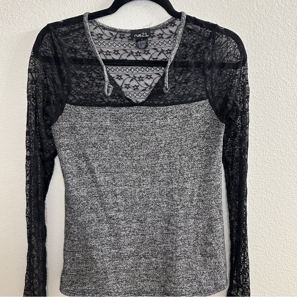 Elegant Black Lace and Gray Women's Blouse